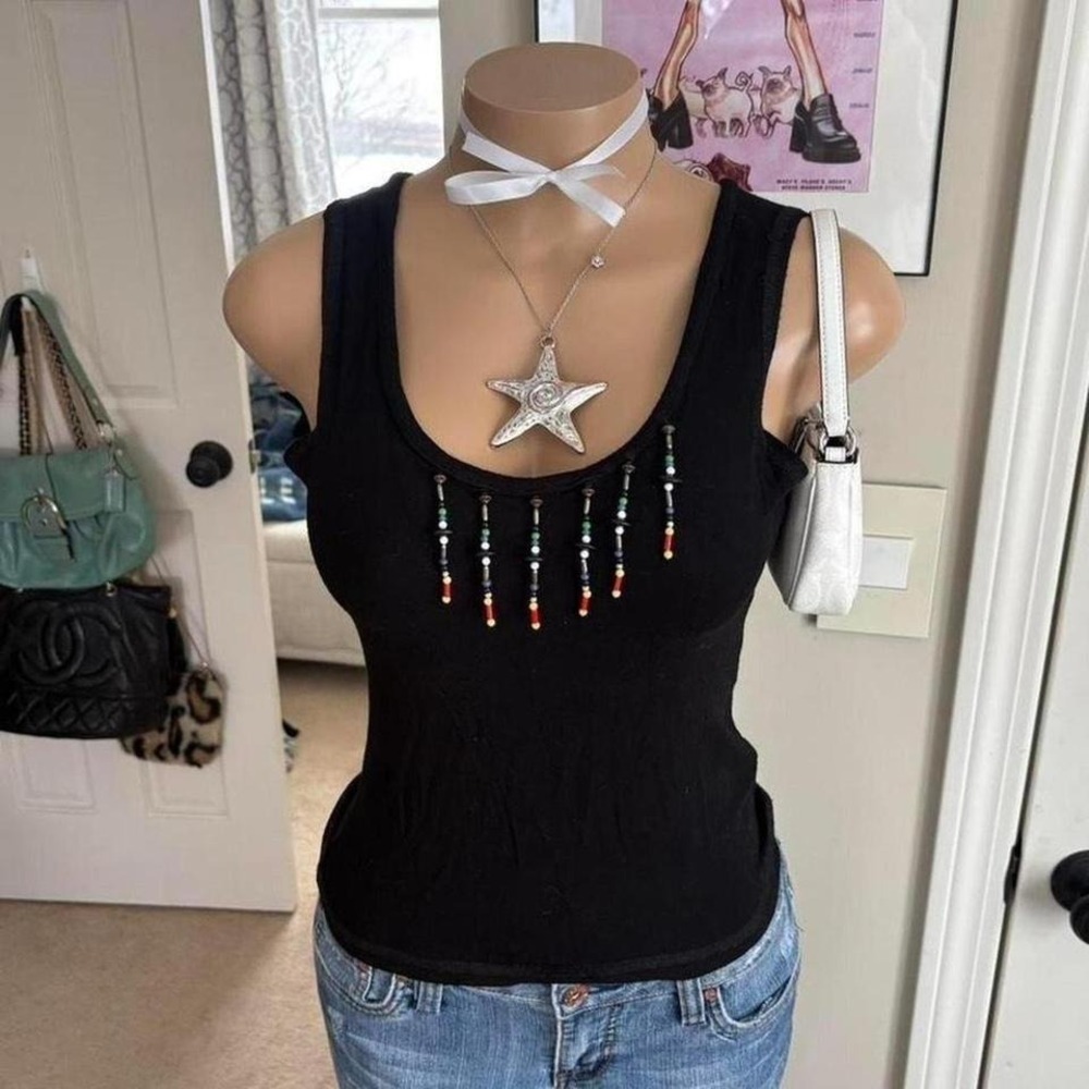 Y2K 2000s avant garde beaded black tank top